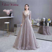 Luxury Evening Dresses Long Gray Lace Crystal Beaded A Line Long Sleeves Formal Gown Sexy V Neck Party Dresses 2024 - buy cheap