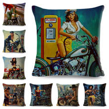 Vintage Sexy Motorcycle Lady Pillow Case Decor Oil painting Cartoon Women Cushion Cover for Sofa Car Polyester Pillowcase 45x45 2024 - buy cheap