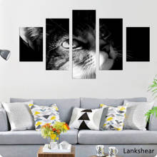 Quadros de lona, arte modular para parede, 5 peças, pintura de animal, gato, sala de estar, impressões hd, poster preto e branco, decoração de casa 2024 - compre barato