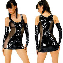 Sexy Black Mesh Patchwork Mini Vinyl Dresses Wetlook Latex Leather Clubwear Club Transparent Night Sleeveless Dress with Gloves 2024 - buy cheap