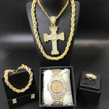 Conjunto de relógio, luxuoso, cor dourada, colar, pulseira, anel, brincos, cubana, cristal, hip hop, para homens 2024 - compre barato