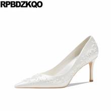 Handmade 8cm Girls Pearl Women Ivory Pointed Toe Satin Pumps High Heels Bridesmaid Bride Thin Silk White Beaded Wedding Shoes 2024 - buy cheap