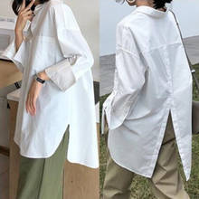 Camisa feminina branca grande gola redonda, blusa feminina casual lisa manga comprida botões assimétricos 2024 - compre barato