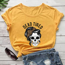 Camiseta con estampado de calavera y leopardo para mujer, blusa divertida de manga corta con cuello redondo, 100% algodón, regalo para el día de la madre 2024 - compra barato