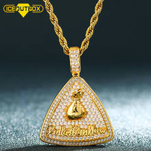 Iceoutbox cheio de cristal triângulo pingente com saco de dinheiro símbolo aaa zircão cúbico masculino hip hop jóias rock rap jóias moda 2024 - compre barato