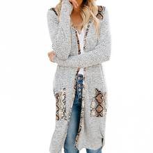 Casaco solto feminino de manga comprida, cardigã com frente aberta, leopardo, bolso camuflado, comprimento médio, roupa casual feminina, casaco suéter 2024 - compre barato