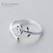 COLUSIWEI Authentic 925 Sterling Silver Cute Rose With leaves Ring for Women Open Adjustable Finger Rings Fine Jewelry Gift 2024 - buy cheap