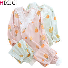 Japanese Kimono Sexy Lace Pajamas Women Spring Cotton Gauze Crepe Pyjamas V-Neck Long Sleeve Sleepwear Loose Soft Loungewear 2024 - buy cheap