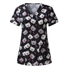 Women Kawaii T-Shirts kasacks Short Sleeve V-neck Cute Cartoon Print pocket Top Nursing Working Uniform T-shirts футболки 2024 - купить недорого