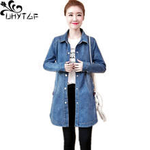 UHYTGF женская джинсовая куртка, пальто для женщин, длинная джинсовая куртка, приталенная Корейская свободная Модная Джинсовая куртка больших размеров 5XL, X148 2024 - купить недорого
