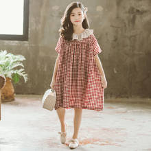 Летнее Свободное платье для девочек Корейский стиль вечерние праздничное платье принцессы для подростков, коллекция 2020 года, Детские хлопковые милые платья в клетку модная одежда для детей возрастом от 4 до 16 лет 2024 - купить недорого