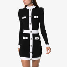 Vestido de designer clássico, excelente qualidade, 2021, botões de cor bloco decorado, vestido de tricô 2024 - compre barato