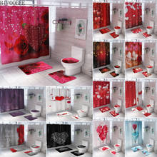 Cortina de chuveiro impermeável com rosas vermelhas, conjunto de tapetes de banheiro com tampa para vaso sanitário decoração 2024 - compre barato