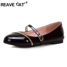 REAVE GATO Senhoras Sapatas Da Bailarina Das Mulheres Mary Jane Plana fivela Sapatos Flats de couro Sapatos Da Menina Da Escola Flats Preto branco Grande tamanho 43 2024 - compre barato