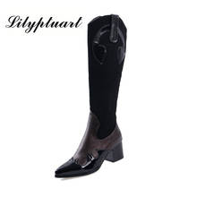 2019 autumn and winter new British wind long tube women's boots female thick with color matching retro pointed western boots 2024 - buy cheap