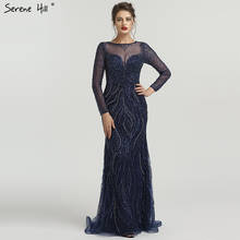 Dubai Navy Blue Mermaid Luxury Formal Dresses Long Sleeves Beading Sequined Fashion Evening Gowns 2021 Serene Hill LA6506 2024 - buy cheap