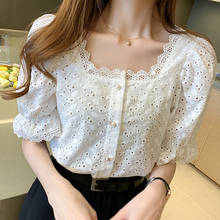 Blusa feminina elegante com gola quadrada e renda, camisa sensual com bordado floral, manga curta vintage, novo, 2021 2024 - compre barato