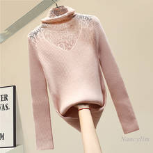 Close-Fitting Turtleneck Lace Splicing Pullover Knitwear Autumn Winter Sweater for Women 2020 New Lady All-match Basic Knit Top 2024 - buy cheap