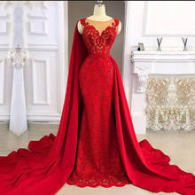 Eightale Dubai Evening Dress With Shawl O-Neck Lace Appliques Red Prom Gown Mermaid Custom Made Satin Formal Party Dresses 2020 2024 - buy cheap