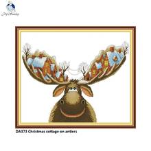 Joy Sunday Cross-stitch Christmas Cottage On Antlers Needlework kits, DIY Handmade Cross Stitch, Enough Canvas for Embroidery 2024 - buy cheap