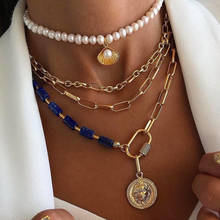 Dvacaman Boho Ethnic Blue Color Acrylic Necklace Women Vintage Multi Layer Portrait Pendant Chain Necklace Pearls Collar Jewelry 2024 - buy cheap