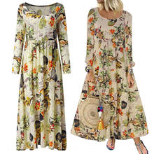 women long sleeve dress 2020 spring summer vintage floral print o-neck dress high waist ladies beach maxi dress 2024 - buy cheap