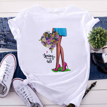Camiseta de manga corta Harajuku para mujer, zapatos de tacón alto de mujer, camiseta estampada con flores, camiseta de mujer informal, ropa para mujer, novedad de verano 2024 - compra barato