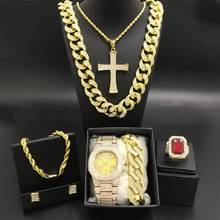 Luxury Men Gold Color Watch & Necklace & Braclete & Ring &Earring Combo Set Ice Out Cuban Jewerly Neckalce Chain Hip Hop For Men 2024 - buy cheap