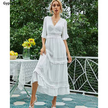 GypsyLady White Lace Maxi Dress 100% Cotton Vintage Women Summer Holiday Dress Casual Chic Ruffle Boho Sexy Ladies Beach Dresses 2024 - buy cheap