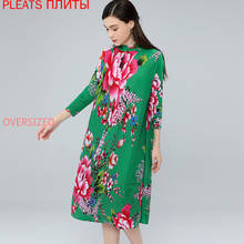 Pleated Dress Women's Miyake Stand Collar Three-quarter Sleeves Loose Vestido Pleats  De Mujer Robes 2024 - buy cheap