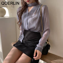 QOERLIN-camisa transparente con cuello en V para mujer, camisa Sexy de gasa con cordones, protector solar, blusa de malla, S-XL 2024 - compra barato