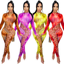 Women Tie Dye Print Jumpsuit Long Sleeve Sexy Cut Out Lace Up Bodyco Romper Backless Night Club Wear One Piece Outfits S-XXL 2024 - buy cheap