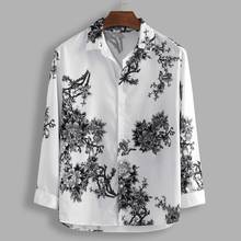 Feitong Men Shirt Chinese Style Printed White Shirt Loose Lump Chest Print Long Sleeve Turn-down Collar Round Hem Shirts 2024 - buy cheap