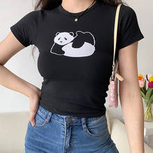 Camiseta feminina básica 2021, t-shirt de manga curta lisa estampa de panda, gola redonda, harajuku, verão, vintage, kawaii, preta 2024 - compre barato