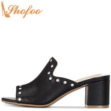 Black High Chunky Heels Sandals Woman Square Toe Rivet Slip On Large Size 14 15 Ladies Summer Fashion Casual Mature Shoes Shofoo 2024 - buy cheap