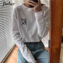 Jielur Kpop Casual Tops Women's T-shirt Cute Bear Embroidered Tees Loose Long Sleeve T shirts S-L BF Tshirts for Woman O-Neck 2024 - buy cheap