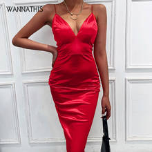 WannaThis Red Satin Deep V-Neck Summer Women Bodycon Knee-Dress sleeveless backless Elegant Party Outfits Sexy Slim Club Clothes 2024 - buy cheap