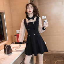 2021 novo coreano peter pan colarinho fino pequeno claro vestido feminino manga longa retalhos vestidos de uma peça preta 2024 - compre barato