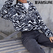 IAMSURE Animal Zebra Print Furry Casual Pullover Sweatshirt Women Warm Fashion Black White Zipper Hoodies 2020 Autumn Winter 2024 - buy cheap