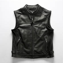 5 days arrival,Men's Mesh Breathable Cowhide Vest Perforated Zipper Thick Genuine Leather Motorcycle Vest Vintage Classic Coat 2024 - buy cheap