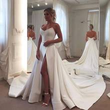 2021 Plus Size Beach V Neck Wedding Dress Backless Satin Simple Long Train Vestido De Novia A Line High Slit Women Bridal Gowns 2024 - buy cheap