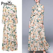 Pinkoz Long Dress Fashion Spring New Bohemian Women'S Round Neck Long Sleeves Ribbon Holiday Party Beach Gorgeous Flowers Print 2024 - buy cheap