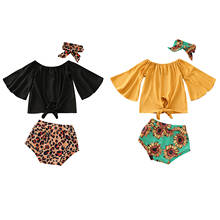 Summer Fashion Toddler Girls Clothes Sets 3pcs Flare Sleeve Off Shoulder Solid Tops Leopard/Sunflowers Shorts Headband 0-3Y 2024 - buy cheap