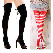 Menina cosplay punk rock bonito lolita morango listrado gótico criss cruz laços opaco segure coxa alta superior meias collants 2024 - compre barato