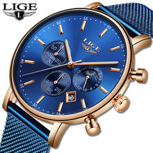 Часы наручные LIGE мужские с сетчатым ремешком, брендовые Роскошные модные спортивные водонепроницаемые кварцевые, синие 2024 - купить недорого