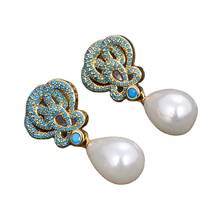 GG Jewelry-pendientes de gota de circonia cúbica, joyería en forma de lágrima, concha de mar blanca, Perla chapada en oro, azul turquesa 2024 - compra barato