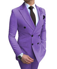Traje de dos piezas púrpura para hombre, esmoquin informal plano y ajustado con solapa de doble botonadura para boda (Blazer + Pantalones), novedad 2024 - compra barato