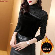 Women Winter Spring Basic Wear Elegant Office Lady Turtleneck Solid Color Warm Velvet Inside Black Lace Tops And Blouses 2024 - buy cheap