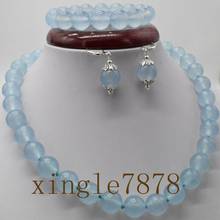 Natural 10mm Blue Aquamarine Gemstone Round Beads Bracelet Earrings Necklace Set 2024 - buy cheap