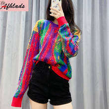 Luxury Contrast Color Graffiti Jacquard Sweater Pattern Loose Long Sleeve Round Neck Casual Pullover Knitted Sweater Women 2024 - buy cheap